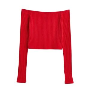 Red Off The Shoulder Long Sleeve Cropped Top Size XS Ribbed Crop Top Feminine
